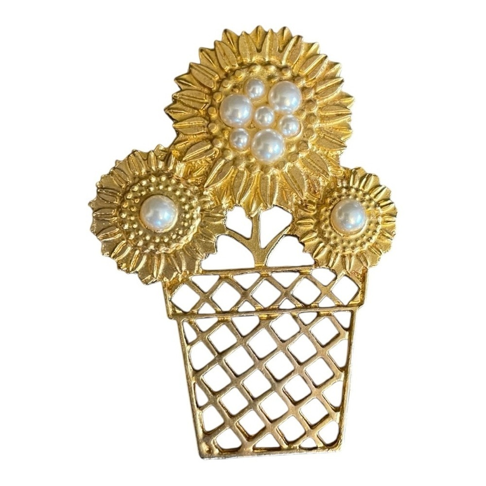 Newpro Gold Floral Brooch with Pearls, Open Basket of Flowers, Vintage.